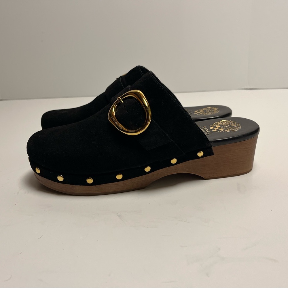 Vince Camuto Canzenee Clog Black and Gold Mules with Decorative Buckle